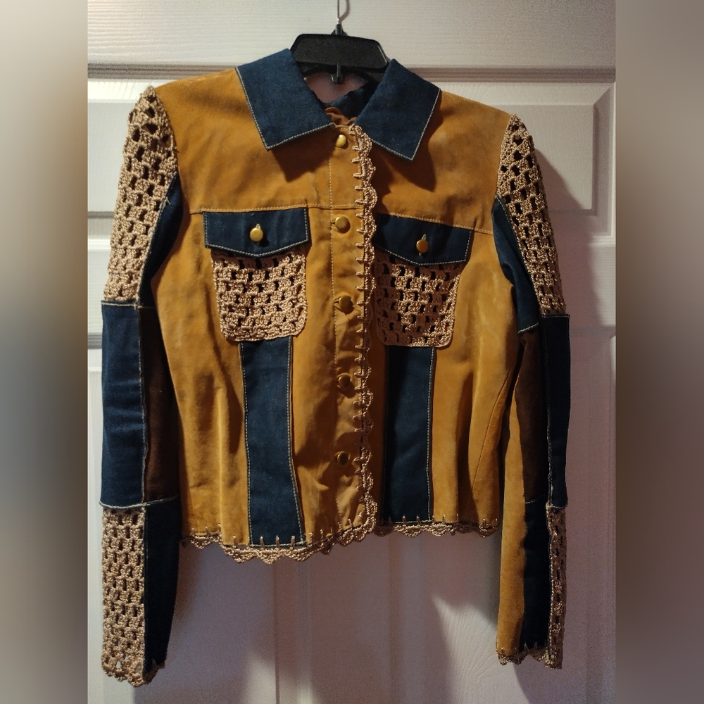 Suede patchwork crochet suit